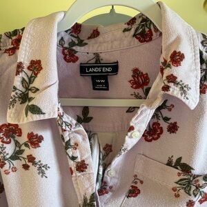 Lands' End Lilac Floral Button-Down Shirt with Red Blossoms 16 W VG